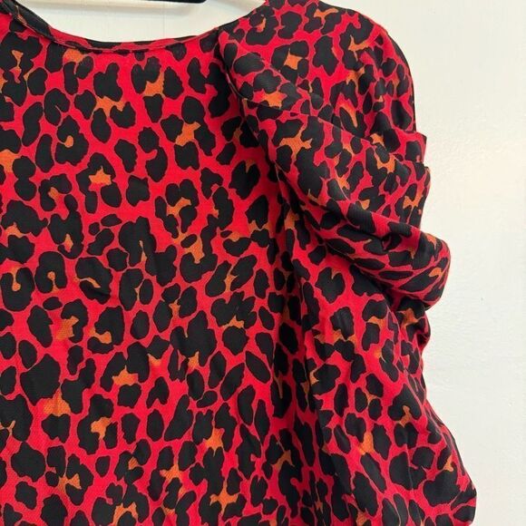 Zara Leopard Print Puffy Sleeve Red & Black Blouse XS - Picture 5 of 7